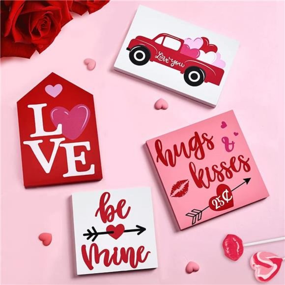 Valentine's Day Tiered Tray Decor Rustic Wooden Decorations Love Sign Set of 4 - Picture 5 of 7